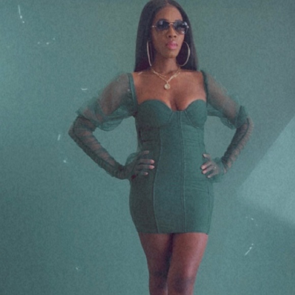 Emerald Mesh-Sleeve Corset Mini Dress | Luxe Holiday / NYE / Party Dress –Size M - Picture 2 of 16